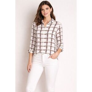 Talbots Petite Chain Print Blouse LP Women Button Front Top